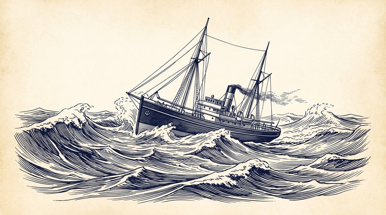 Engraving of a steamship working through heavy seas
