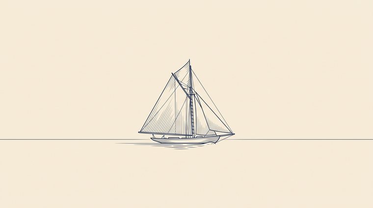 Engraving of a sailing vessel on flat calm water at the horizon